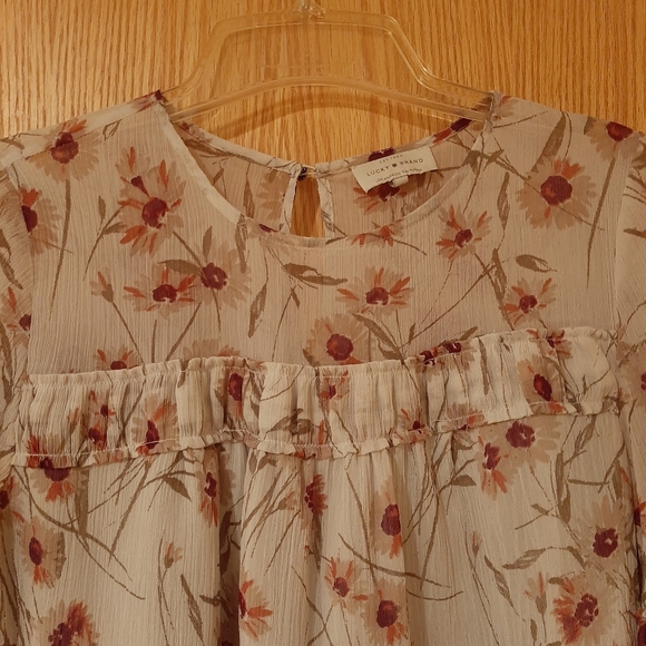 Lucky Brand Boho Sheer Neck Bell Sleeve Floral Top Size Small - Picture 11 of 13